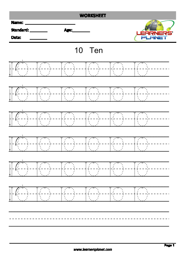 kindergarten learning worksheets-Trace number-10